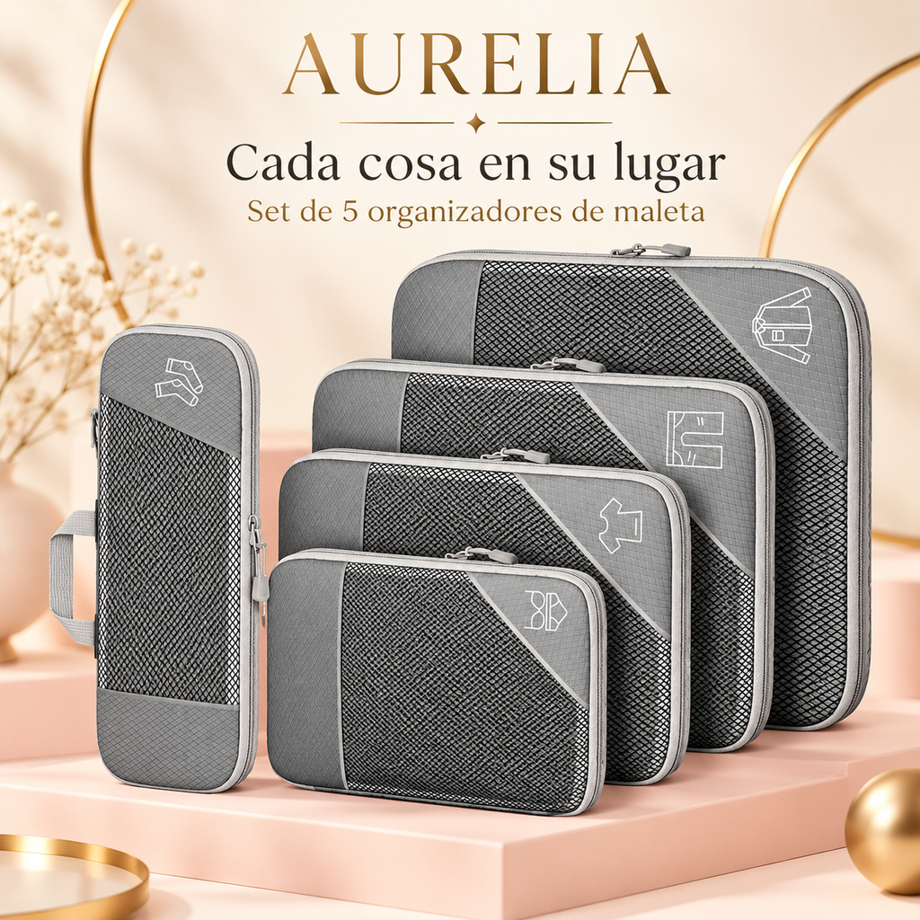Aurelia: set de cinco organizadores grises de maleta. Imagen adaptada con IA.