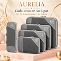 Aurelia: set de cinco organizadores grises de maleta. Imagen adaptada con IA.