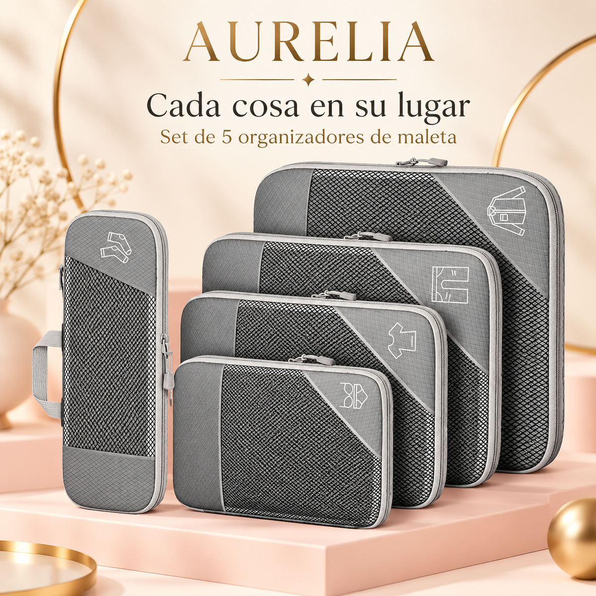 Aurelia: set de cinco organizadores grises de maleta. Imagen adaptada con IA.