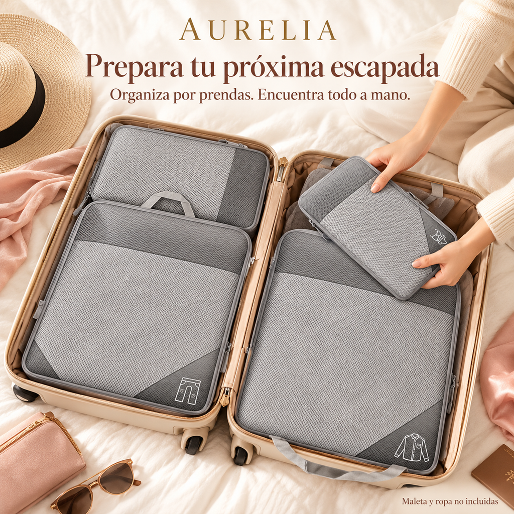 Ejemplo de organización en maleta. Maleta y ropa no incluidas. Recreación orientativa.